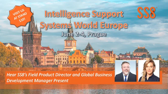 The SS8 logo, Prague skyline, headshots of SS8 staff, and ISS World Europe info