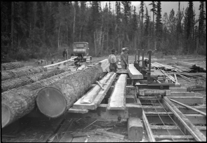 Portable sawmill at Middle River, Kinbasket Lake, Big Bend Highway, British Columbia, 1932