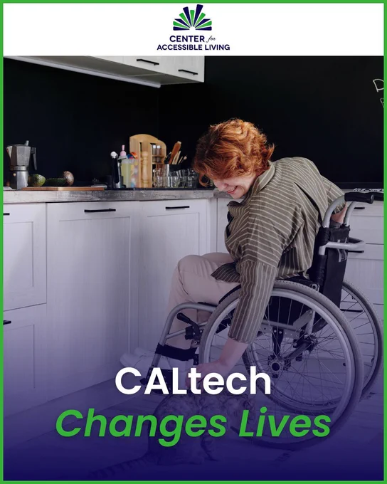A woman in her kitchen petting her cat with text reading 'CALtech.'