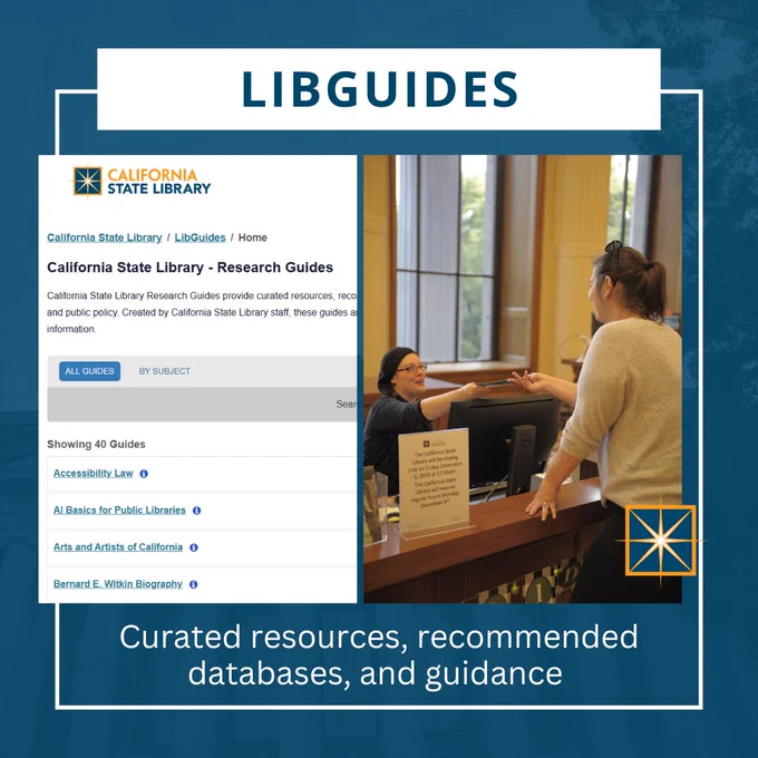On a dark blue back ground, side by side photos, one a screenshot of the LibGuides homepage with the first 4 libguides in alphabetical order. on the right an image of a person at the reference desk in Gillis hall handing something to staff sitting behind the desk at a computer. the text title at the top reads "Libguides" and underneath the photos, the text reads "curated resources, recommended databases and guidance."