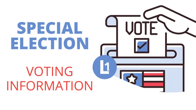 A graphic that has a voting box, ballot and says “Special Election Voting Information”