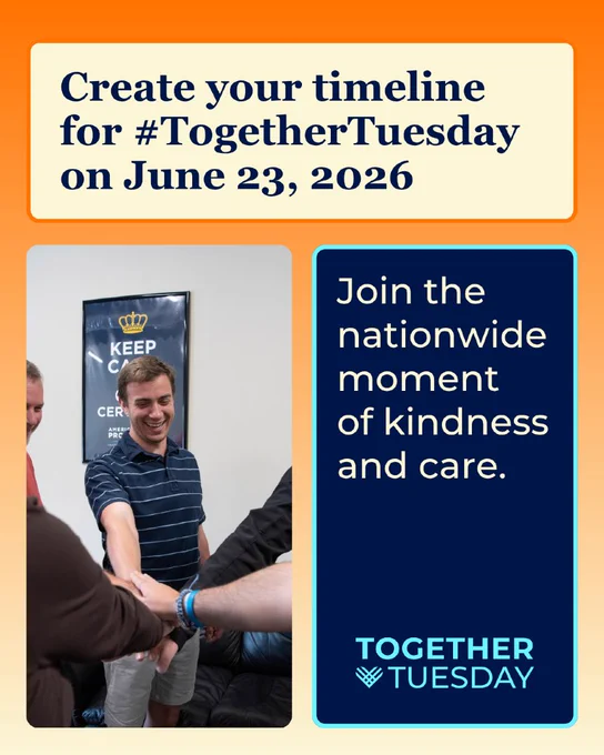 People joining hands beside text urging timeline for #TogetherTuesday on June 23, 2026 — nationwide moment of kindness.