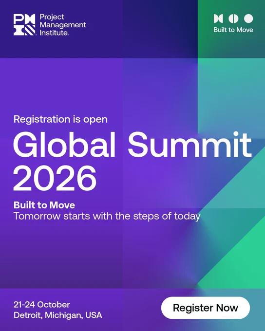 Image for PMI Global Summit 2026. The event theme is "Built to Move" with the phrase "Tomorrow starts with the steps of today." The event takes place from 21-24 October in Detroit, Michigan, USA. A "Register Now" button is visible.