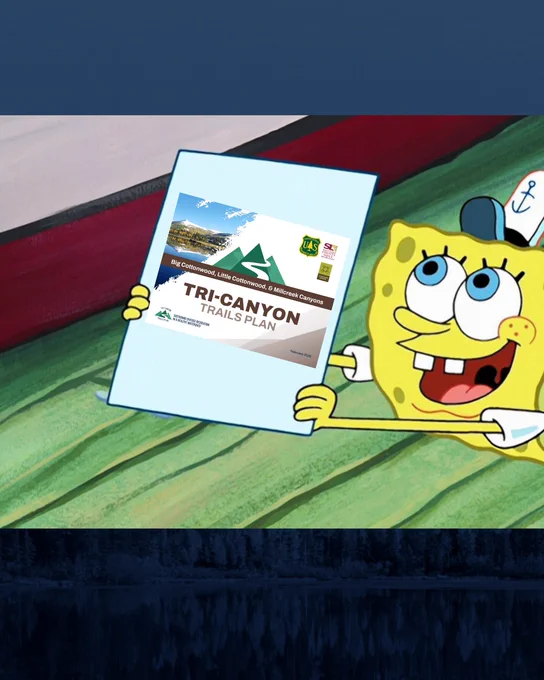 SpongeBob SquarePants excitedly holding a Tri-Canyon Trails Plan brochure with scenic outdoor images and logos.