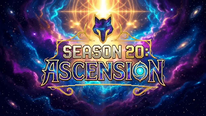 Colorful cosmic background with a wolf emblem and the text "Season 20: ASCENSION," suggesting a gaming or competitive event.