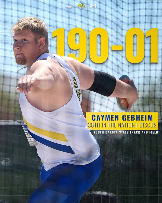 A blonde male thrower wearing a white jersey and blue shorts is photographed from the thighs up through the net. The photo serves as the background of a graphic, revealing the thrower as Caymen Gebheim. Big yellow numbers state his discus mark of 190-01 is the 38th-best mark in the nation. 