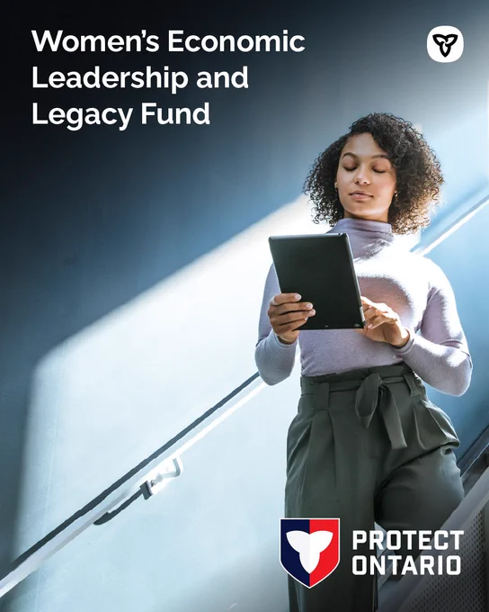 Woman on stairs reading a tablet; title reads "Women's Economic Leadership and Legacy Fund"