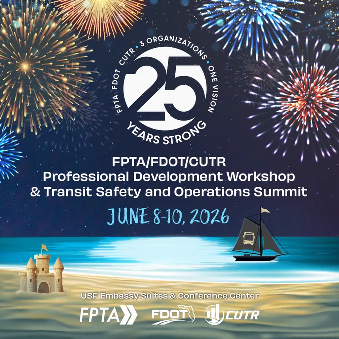 Fireworks over the ocean at night, with FPTA/FDOT/CUTR event details. 