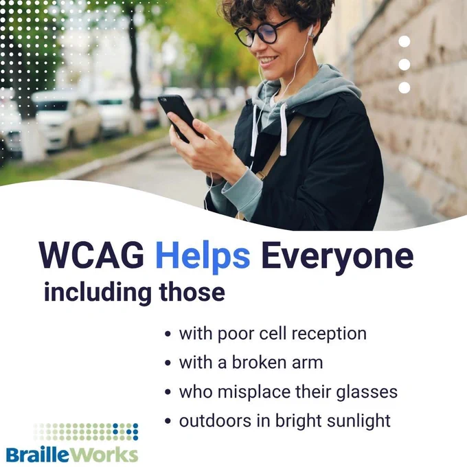WCAG Helps Everyone including those, with poor cell reception, with a broken arm, who misplace their glasses, outdoors in bright sunlight. Woman standing on a sidewalk while looking at her phone. Braille Works logo.