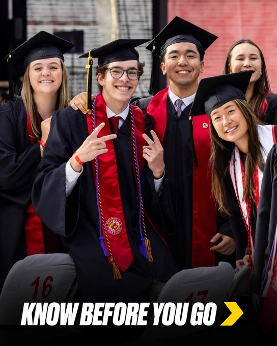  A graphic with bold text reads: “Know Before You Go”. In the background, a group of graduates pose together smiling.