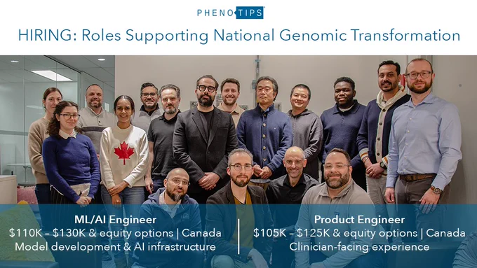 A graphic with a central team picture of the PhenoTips team. Text in the top banner reads, "PhenoTips. Hiring roles supporting national genomic transformation." The bottom has two sections, one reads, "ML/AI Engineer. $110K - $130K & equity options. Canada. Model development & AI infrastructure." The other reads, "Product Engineer. $105K - $125K & equity options. Canada. Clinician-facing experience."