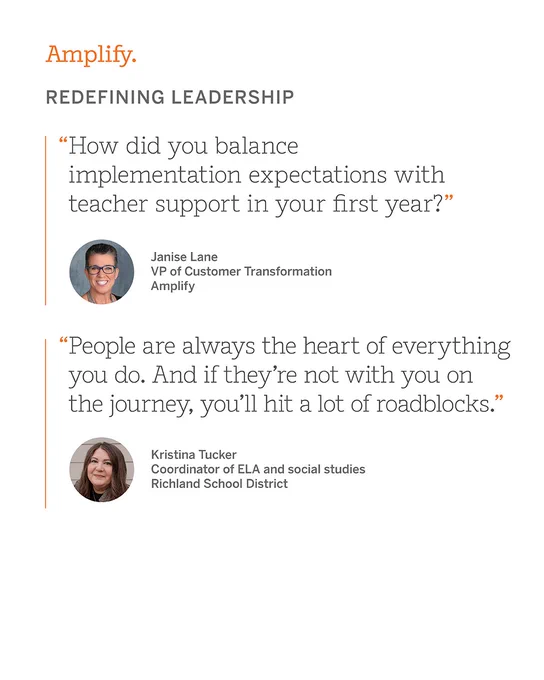 The image features a promotional piece titled "Amplify: Redefining Leadership." It includes quotes and names of two individuals. The first quote is from Janise Lane, VP of Customer Transformation at Amplify, discussing the balance of implementation expectations with teacher support. The second quote is from Kristina Tucker, Coordinator of ELA and Social Studies at Richland School District, emphasizing the importance of people in overcoming roadblocks.