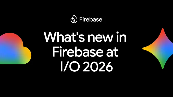 Against a black background, white text reads "What's new in Firebase at I/O 2026" under the Firebase logo. A colorful, rainbow-gradient cloud shape sits on the left, and a similar four-pointed star shape is on the right.