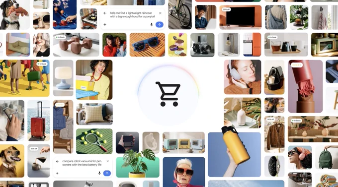 A central shopping cart icon is surrounded by a dense grid of colorful lifestyle, product, and AI search query tiles.