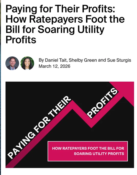 Informative graphic depicting the burden of utility profits on ratepayers. Features a bold upward arrow with text.