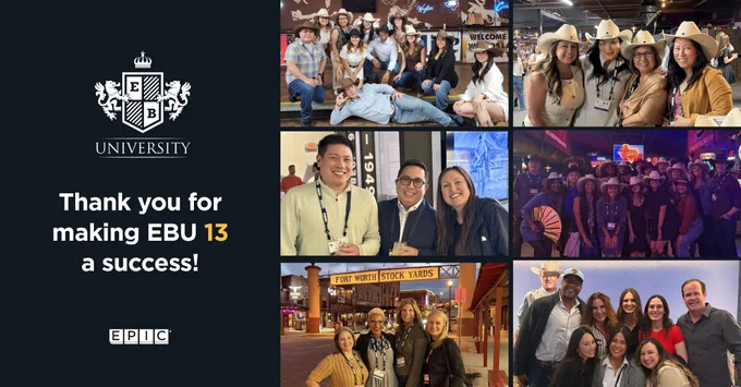 EB University event collage. Top left: Group in cowboy attire. Top right: Three wearing hats in a bar. Middle left: Two people posing. Middle right: Group in dim lighting. Bottom left: Two at Fort Worth Stock Yards. Bottom right: Group indoors smiling. Left: EBU and "Thank you for making EBU 13 a success!" logos.