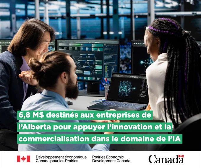 Une image de trois personnes discutant à un bureau, devant des ordinateurs affichant des graphiques et des données, accompagnée du texte « 6,8 millions de dollars destinés aux entreprises de l’Alberta pour appuyer l’innovation et la commercialisation dans le domaine de l’IA »
