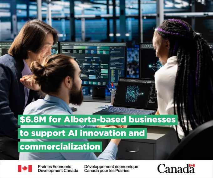 An image of three people speaking at a desk in front of computers displaying charts and data, with text “$6.8M for Alberta-based businesses to support AI innovation and commercialization”