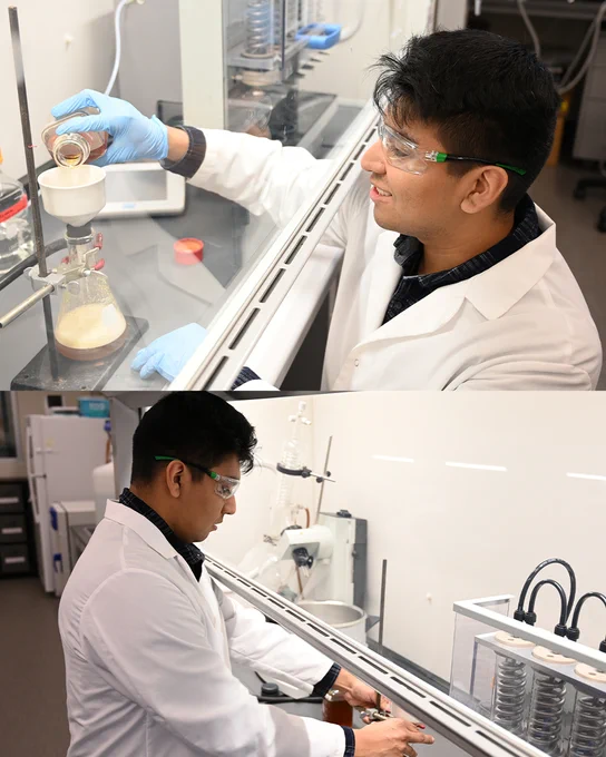 Boise State environmental science alum Josue Duran pouring solutions in a laboratory. 