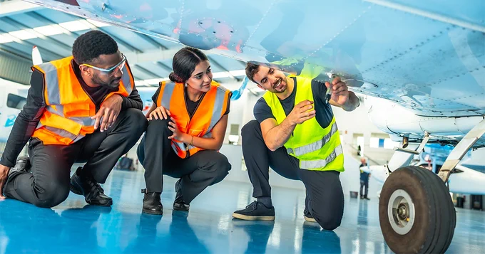 Three individuals in safety vests are crouched under an aircraft, examining its underside in a hangar. The aircraft is on a shiny blue floor, and one person is pointing at a specific part, while others attentively observe.