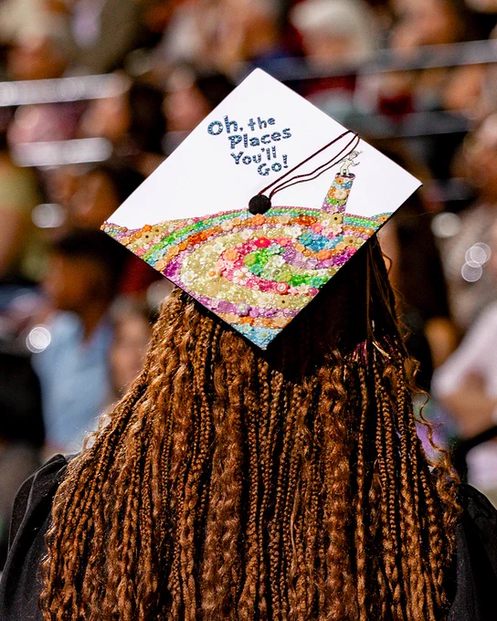 Back of a graduation cap decorated in like the Dr. Seuss book "Oh, the Places You'll Go"
