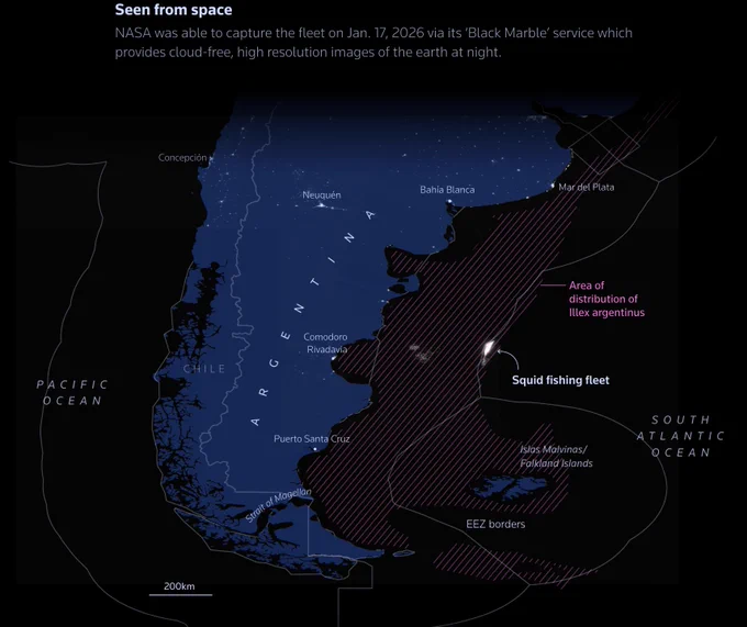 A map visualizing a fleet of Chinese fishing vessels along the Argentinian coast. Around 200 of these vessels were monitored, focusing primarily on squid fishing. Published by Reuters.