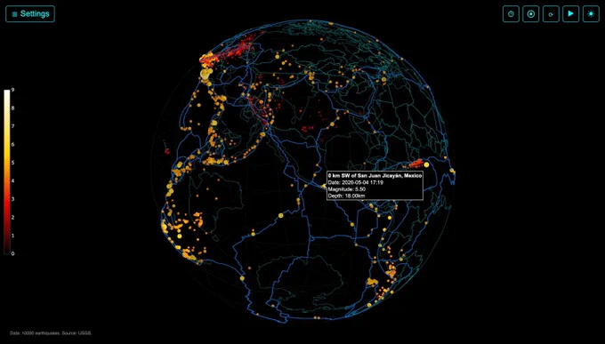 An interactive 3D globe visualizing global earthquakes during a 30-day period. Published by Information is Beautiful.