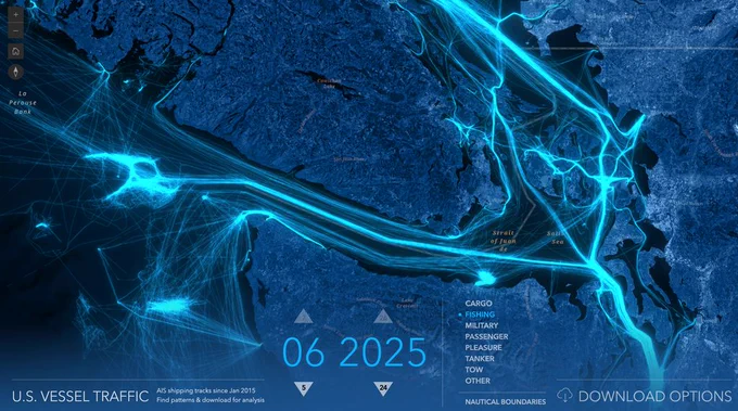 An interactive map visualizing U.S. vessel traffic during different months. Published by John Nelson.