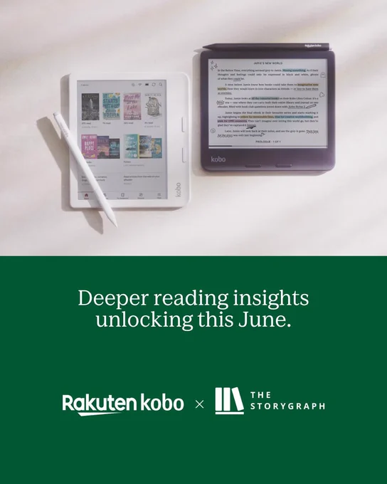 A series of graphics featuring text announcing that Kobo users will be able to automatically sync their ebook and audiobook progress to StoryGraph automatically from June.
