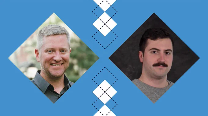 Two individuals are pictured in separate diamond-shaped frames on a blue background. One person is in the left frame with a green outdoor setting behind them, and the other is in the right frame with a darker background. A pattern of smaller diamond shapes connects the two frames.