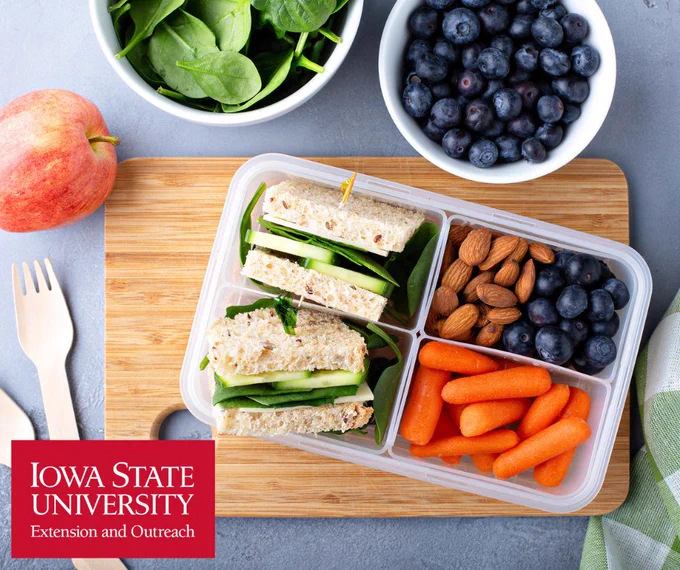 Lunch packed for on the go in a box with sandwiches, baby carrots, almonds, and blueberries on a wooden board.