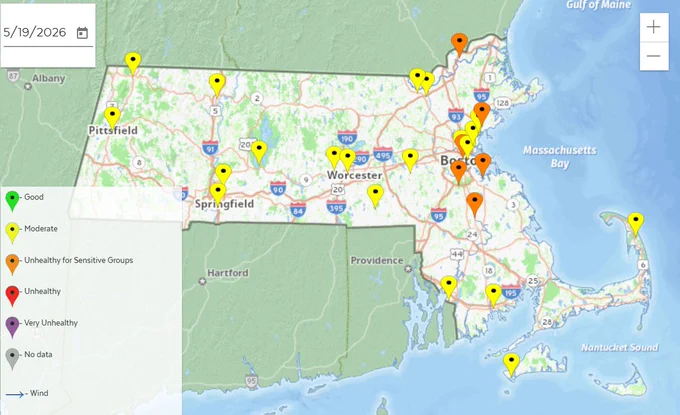 An Air Quality Alert will be in effect from 11 AM to 11 PM due to elevated ozone predicted to reach low Unhealthy for Sensitive Groups range from the northeast to portions of southeast MA. Elsewhere, ozone levels will generally be in the Moderate range with fine particles averaging in the low Moderate range statewide. 