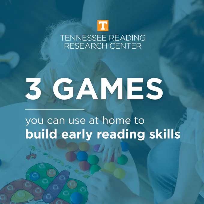 a child playing with blocks with the text "3 games you can use at home to build early reading skills"