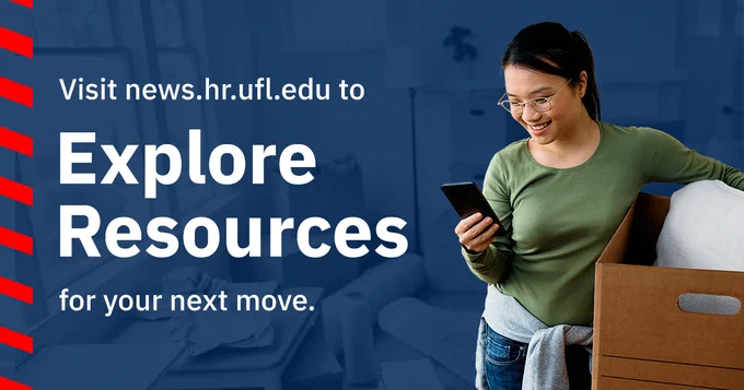 Text post that reads, “Visit news dot H R dot U F L dot E D U to explore resources for your next move.” On the right, a person smiles at their phone while holding a partially filled box.