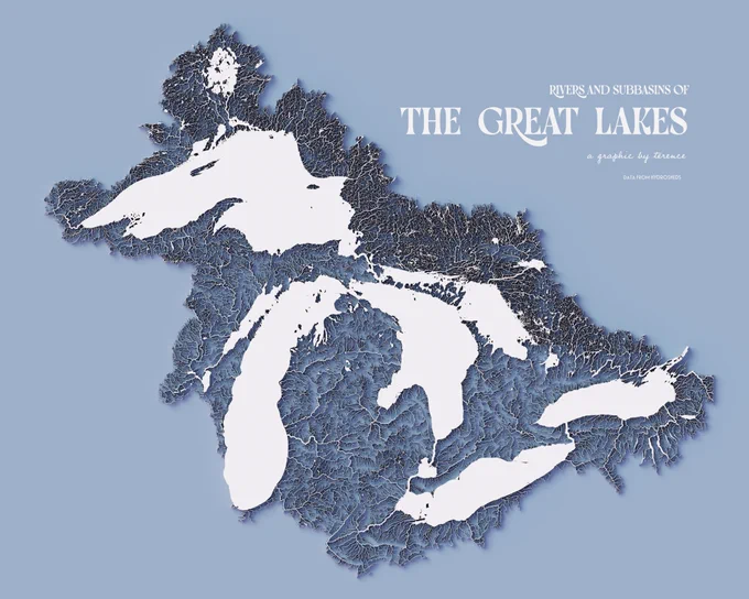 A visualisation of the rivers and subbasins of the Great Lakes