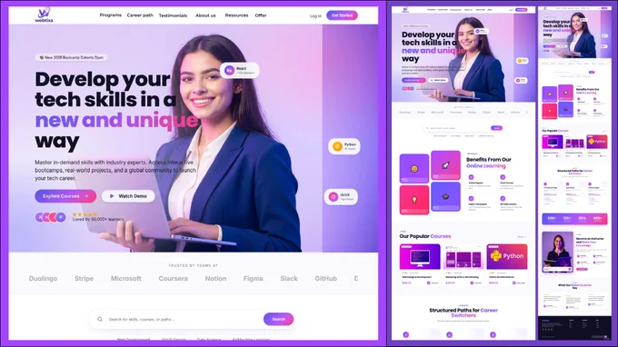 Full UI/UX case study and presentation is now live on Dribbble! 
Check it out and let me know your thoughts! 👇[https://dribbble.com/webtixa]

#WebDesign #UIUX #WordPress #LandingPage #EdTech #FigmaToWordPress #ModernWebDesign #ResponsiveDesign #UIUXDesign #WordPressDesigner #ELearningWebsite #CleanWebDesign #WebDesignInspiration #LandingPageDesign #TrendingUI #FigmaDesign #MinimalWebDesign #UserInterface #CreativeWebDesign #WebDev