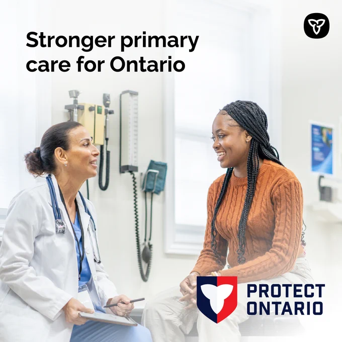 Doctor with a patient. Image Text: Stronger primary care for Ontario.