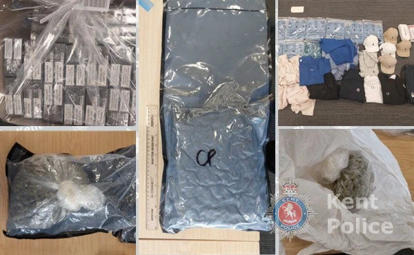Police seizure collage: packaged items, large vacuum-sealed bag, clothing, and cannabis.