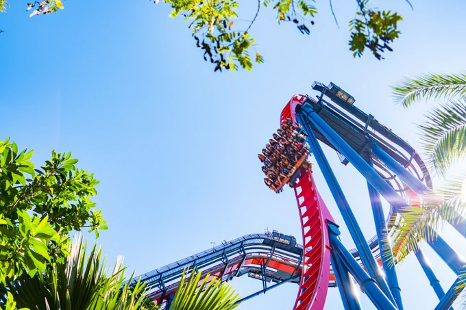 Roller coaster car filled with riders descending a steep red track against a clear blue sky and surrounded by green foliage.