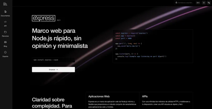 Captura de la nueva web oficial de ExpressJS en modo oscuro, con menú lateral, logo de Express, titular “Marco web para Node.js rápido, sin opinión y minimalista”, un ejemplo de código y tarjetas informativas sobre aplicaciones web y APIs. Minimalismo máximo, como si Express hubiese hecho npm install diseño.