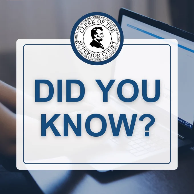 Close-up of hands typing on a laptop with a transparent overlay reading 'DID YOU KNOW?' and a Superior Court Clerk seal above it.