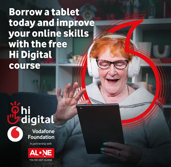 Person wearing headphones using a tablet with text promoting free Hi Digital online skills course from Vodafone Foundation.