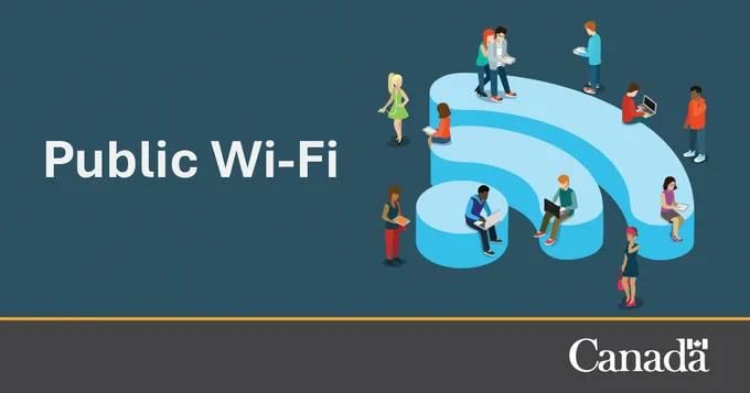 People using their devices on a Wi-Fi symbol. Text: Public Wi-Fi.