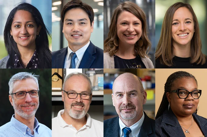 Composite of the 8 engineering faculty award winners. Top row: Akanksha Menon, Hong Yeo, Kinsey Herrin, and Lauren Steimle. Bottom row: Kevin Haas, Omer Inan, Scott Hollister, and Kim Paige.