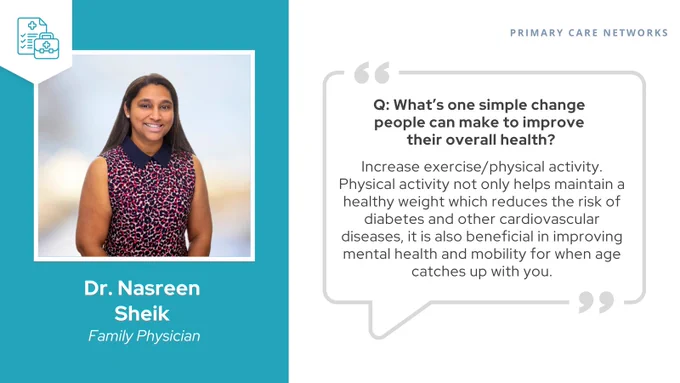 Portrait of Dr. Nasreen Sheik, a family physician, smiling, wearing a patterned shirt. The image includes a quote about the simple change people can make to improve their overall health. Full text in image is also included in the post caption.