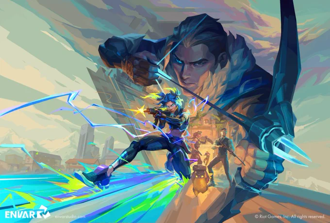 A vibrant illustration featuring dynamic characters in a fantasy setting. A heroic figure with glowing accents leads, with a giant warrior in the background symbolizing power and protection.