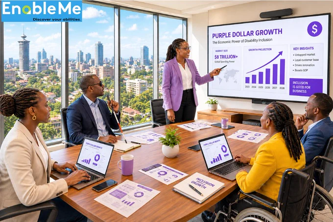 diverse group of professionals with disabilities and allies meet in a modern Nairobi boardroom during a presentation about disability inclusion and economic growth. A woman in a purple blazer presents charts titled “Purple Dollar Growth” on a large screen, while colleagues seated around a conference table follow along using laptops and printed reports. One participant uses a wheelchair and another uses a white cane, highlighting workplace accessibility and inclusion. Large windows overlook the Nairobi skyline, and the “EnableMe” logo with the tagline “Discover your abilities” appears at the top of the image.