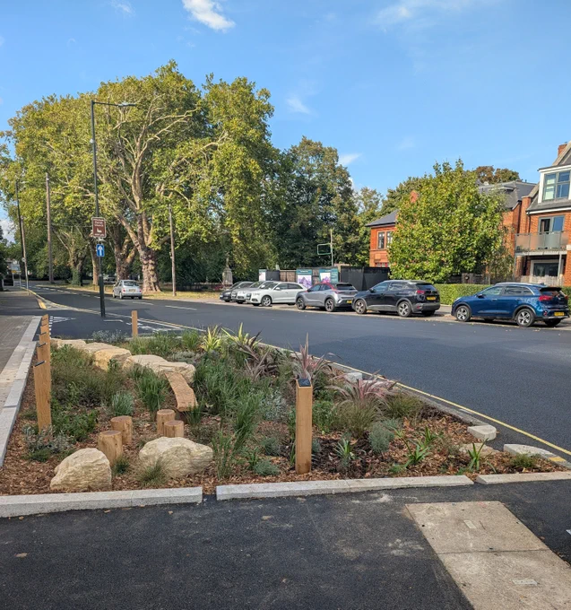 Raingarden in Lower Green West, Merton. Project delivered by the GLA in partnership with Thames Water, SGN and Merton Council.
