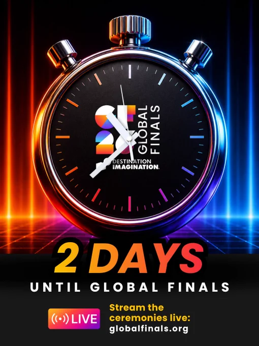 Retro-futuristic countdown graphic featuring a chrome stopwatch with neon lighting and clock hands above glowing text that reads “2 DAYS UNTIL GLOBAL FINALS.”