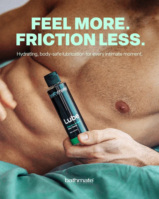 Promotional image for Bathmate Lube featuring text and a close-up of a person's torso holding the product. The mood is intimate and inviting.